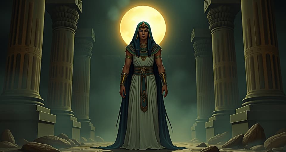  echoes follow home, darkened chambers, lingering whispers, unnerving presence. the style is digital art illustration / modern comic book / mysterious occult, symbolic, esoteric vibe,high detail on character design, incorporating ancient egyptian symbology and attire.