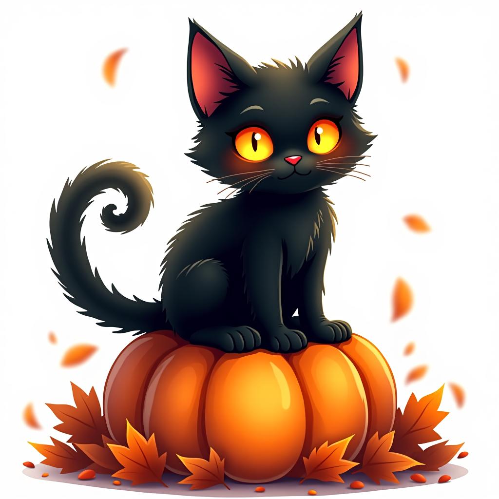  a cute black cat with glowing eyes sitting on a pumpkin, surrounded by swirling autumn leaves in a whimsical style, with warm, moody lighting. t shirt design, vector, contour, white background, no mockup hyperrealistic, full body, detailed clothing, highly detailed, cinematic lighting, stunningly beautiful, intricate, sharp focus, f/1. 8, 85mm, (centered image composition), (professionally color graded), ((bright soft diffused light)), volumetric fog, trending on instagram, trending on tumblr, HDR 4K, 8K