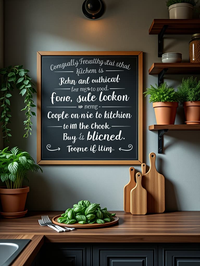  high quality portrait photo of a cozy kitchen corner with a chalkboard wall decal featuring handwritten quotes about food and cooking, surrounded by floating wooden shelves with potted herbs hyperrealistic, full body, detailed clothing, highly detailed, cinematic lighting, stunningly beautiful, intricate, sharp focus, f/1. 8, 85mm, (centered image composition), (professionally color graded), ((bright soft diffused light)), volumetric fog, trending on instagram, trending on tumblr, HDR 4K, 8K