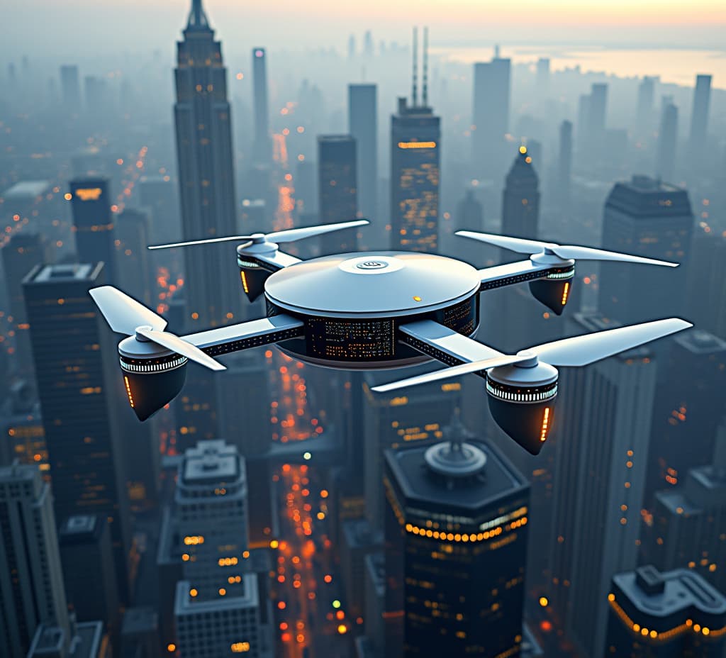  electric air taxi evtol soars high above the cityscape, illustrating the future concept of urban air mobility and innovative transportation solutions