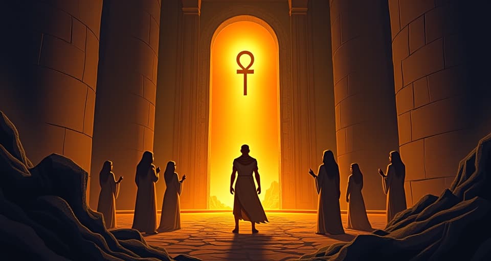  sacred ankh glowing in an ancient stone chamber, shadows of reverent figures, power emanating with an aura of reverence and responsibility. the style is digital art illustration / modern comic book / mysterious occult, symbolic, esoteric vibe,high detail on character design, incorporating ancient egyptian symbology and attire.