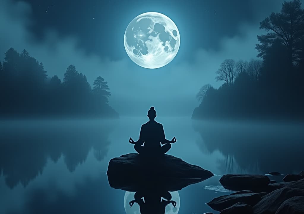  a serene moonlit landscape with a tranquil lake reflecting stars, surrounded by ancient trees. ethereal wisps of fog swirl gently, while a silhouette of a meditating figure sits peacefully on a rock, embodying spiritual awakening. hyperrealistic, full body, detailed clothing, highly detailed, cinematic lighting, stunningly beautiful, intricate, sharp focus, f/1. 8, 85mm, (centered image composition), (professionally color graded), ((bright soft diffused light)), volumetric fog, trending on instagram, trending on tumblr, HDR 4K, 8K