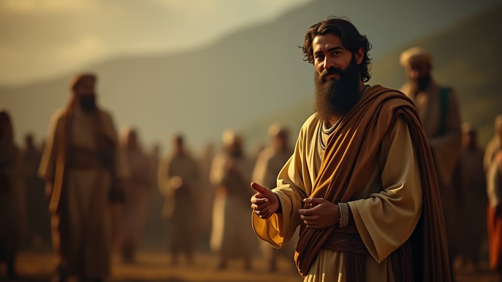  history of biblical times, the servant of abraham sharing the story of his journey, blessing abraham, and highlighting the richness of his lord's possessions. hyperrealistic, full body, detailed clothing, highly detailed, cinematic lighting, stunningly beautiful, intricate, sharp focus, f/1. 8, 85mm, (centered image composition), (professionally color graded), ((bright soft diffused light)), volumetric fog, trending on instagram, trending on tumblr, HDR 4K, 8K