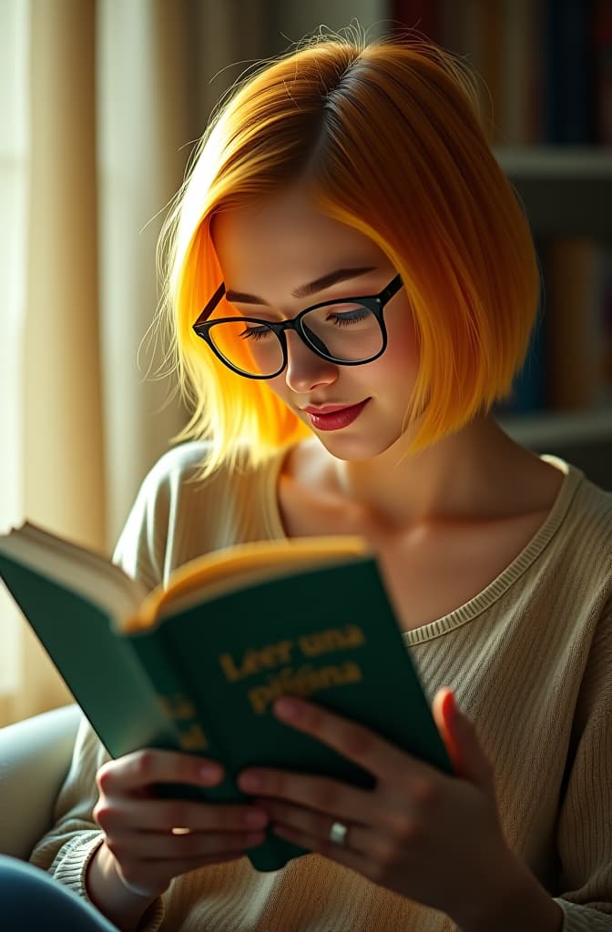  a short woman with yellow hair and glasses reading a green book and the cover of the book says leer una pÁgina al dÍa hyperrealistic, full body, detailed clothing, highly detailed, cinematic lighting, stunningly beautiful, intricate, sharp focus, f/1. 8, 85mm, (centered image composition), (professionally color graded), ((bright soft diffused light)), volumetric fog, trending on instagram, trending on tumblr, HDR 4K, 8K