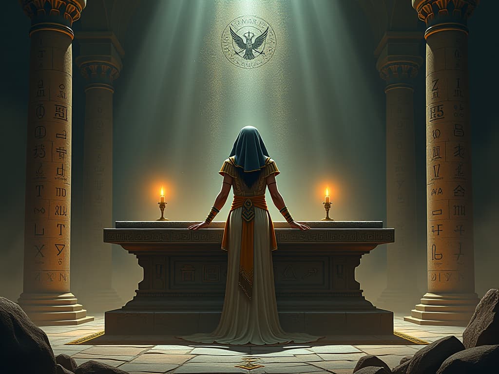  a stone altar covered in cryptic symbols and ancient runes, soft mystical light, sacred and enigmatic setting. the style is digital art illustration / modern comic book / mysterious occult, symbolic, esoteric vibe,high detail on character design, incorporating ancient egyptian symbology and attire.