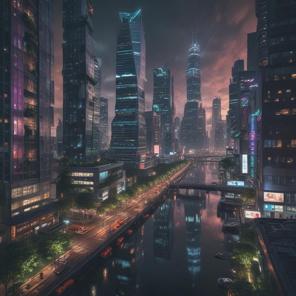 ((masterpiece)),(((best quality))), 8k, high detailed, ultra detailed, Futuristic cityscape, 2030, Skyscrapers integrated with greenery, drones, holographic interfaces, solar panels, Evening, neon lights, clear sky, Style inspired by Liam Wong, Vibrant, reflective, HD, Wide, panoramic view, Sony A7R IV, 24 70mm f/2.8, f/8, 1/60s, ISO 400, Ultra HD quality hyperrealistic, full body, detailed clothing, highly detailed, cinematic lighting, stunningly beautiful, intricate, sharp focus, f/1. 8, 85mm, (centered image composition), (professionally color graded), ((bright soft diffused light)), volumetric fog, trending on instagram, trending on tumblr, HDR 4K, 8K