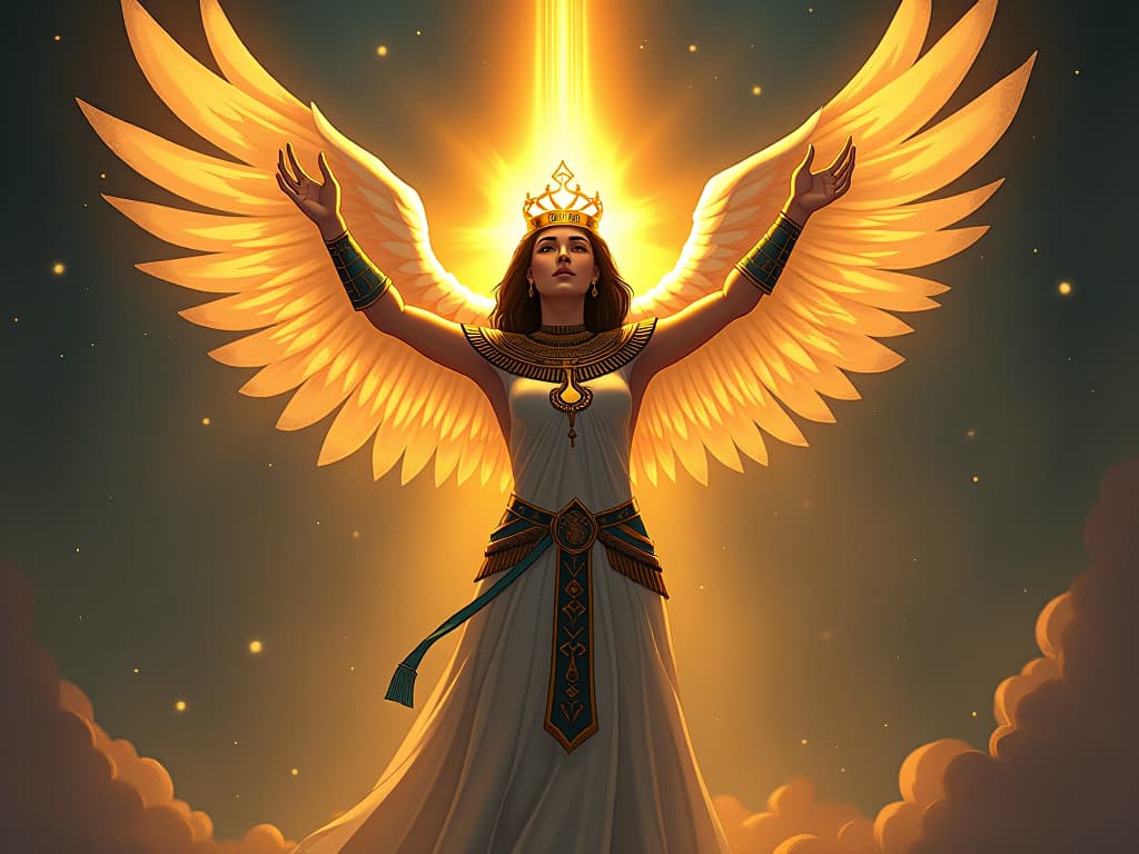  an ethereal figure, radiant and warm, with beams of light extending to those reaching out, symbolizing hope and healing. the style is digital art illustration / modern comic book / mysterious occult, symbolic, esoteric vibe,high detail on character design, incorporating ancient egyptian symbology and attire.