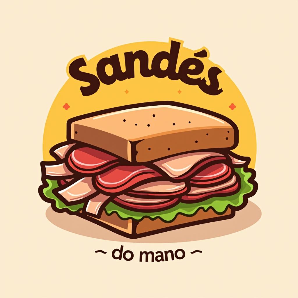  design a logo, in a threedrender style. sandwich of pork , called « sandes do mano » with a bouncer in the back gold background , with the text 'sandes do mano'.