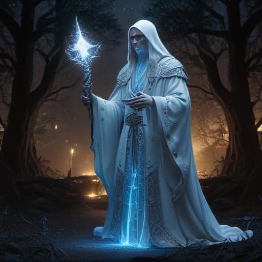 In a mystical forest, a majestic blue-eyed white wizard stands, surrounded by swirling dark energy. His long flowing robes are adorned with intricate silver patterns, shimmering in the moonlight. A glowing staff with a crystal-tipped end is raised in one hand, casting a powerful spell. The wizard's piercing blue eyes are filled with ancient wisdom and power, glowing brightly against the dark background. Twinkling stars illuminate the scene, adding a touch of magic to the mysterious atmosphere. fantastical creatures or characters inspired by mythology, folklore, or popular culture. use vibrant colors, sharp lines, intricate details, dynamic poses, dramatic lighting, atmospheric backgrounds, and blend anime, manga, and Western comic influence