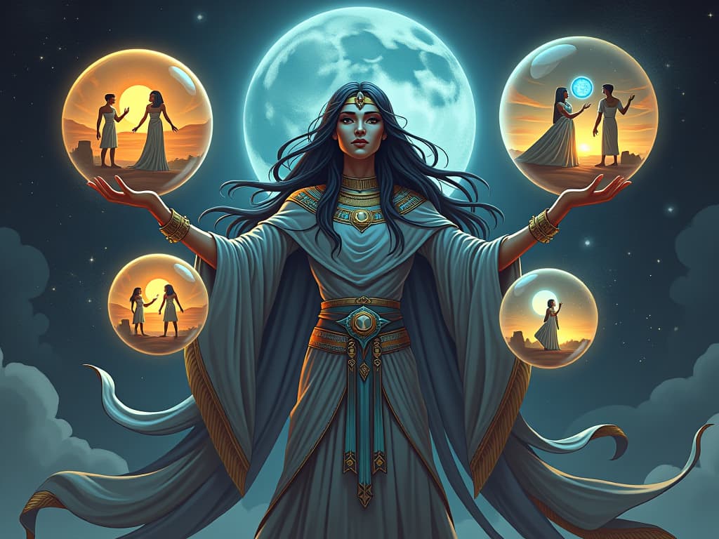  ethereal figure, gender neutral, surrounded by transparent celestial spheres, each depicting scenes from different times, hands outstretched, glowing with divination, aura of timelessness. the style is digital art illustration / modern comic book / mysterious occult, symbolic, esoteric vibe,high detail on character design, incorporating ancient egyptian symbology and attire.