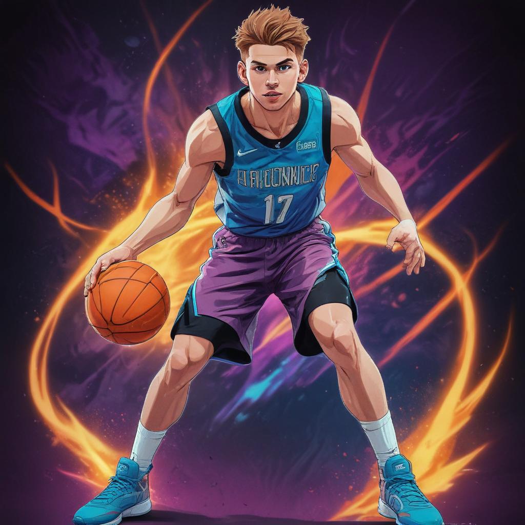 distance-shot, flashy, full-body, dynamic, holographic, animated cartoon poster of luka doncic in the style of dragon ball super