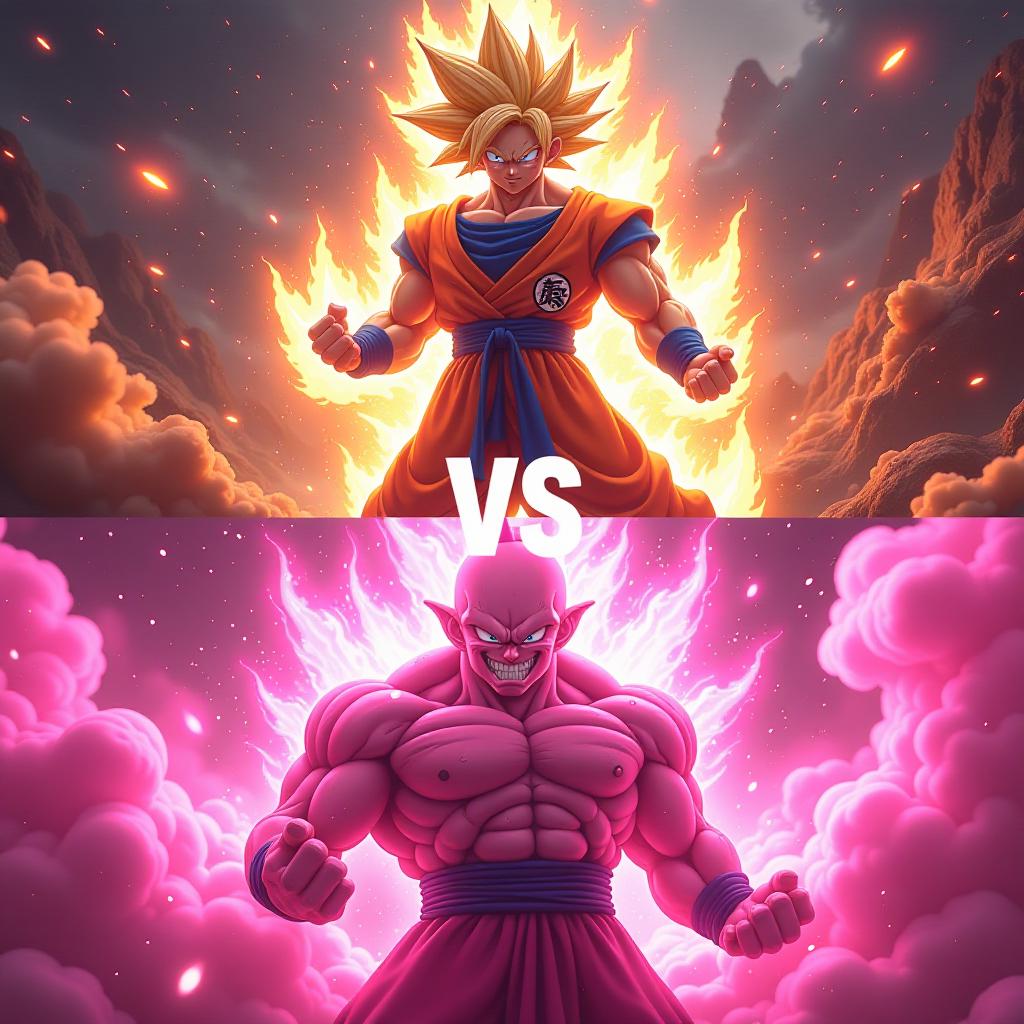  prompt: the image features a confrontation between gohan and majin buu. the upper section shows gohan in his ultimate form, with a powerful stance and a glowing aura, standing in a vibrant, energy filled arena. the lower section displays majin buu, grinning mischievously, surrounded by a chaotic environment filled with swirling pink energy. the word "vs" is boldly displayed in the center, highlighting their epic clash. hyperrealistic, full body, detailed clothing, highly detailed, cinematic lighting, stunningly beautiful, intricate, sharp focus, f/1. 8, 85mm, (centered image composition), (professionally color graded), ((bright soft diffused light)), volumetric fog, trending on instagram, trending on tumblr, HDR 4K, 8K