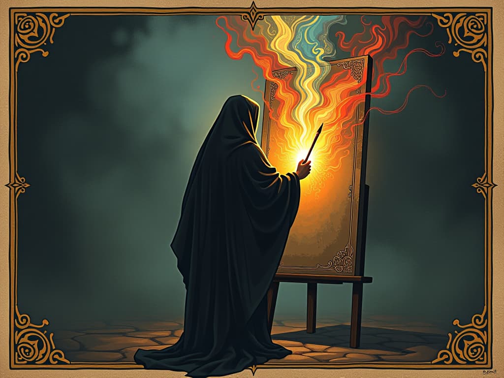  person standing before a canvas, brush in hand, eyes glowing with otherworldly light, colorful swirls emanating from the canvas, transformation, energy, intense focus. an illustration in the style of a worn, mystical old tarot trump card, mysterious and elements of surrealism. the colors are muted, somber and eerie, but with contrast bring out an occult and esoteric vibe.