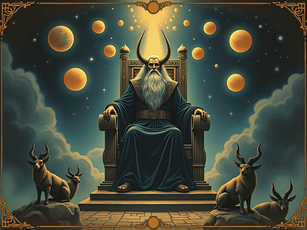  odin, seated on a throne of ancient runes, energy streams connecting him to floating orbs of knowledge, vast cosmic background, serene yet intense, transcendent. an illustration in the style of a worn, mystical old tarot trump card, mysterious and elements of surrealism. the colors are muted, somber and eerie, but with contrast bring out an occult and esoteric vibe.