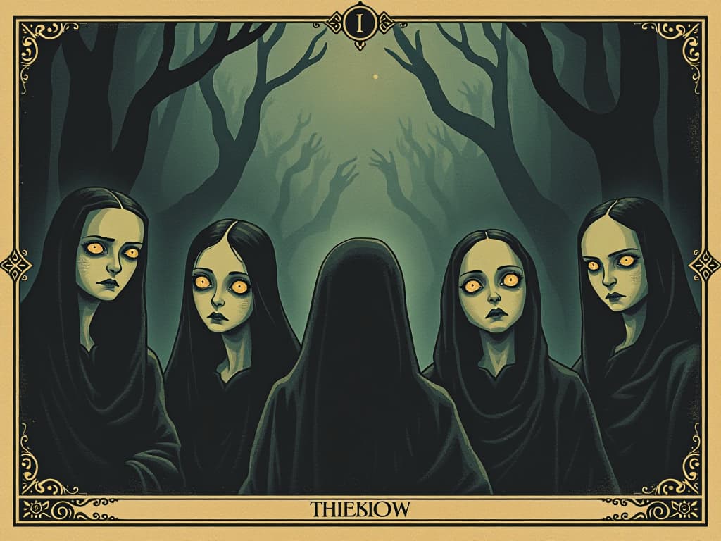  confused expressions on faces, distant eyes, figures standing just out of reach, vague, misunderstanding, separated. an illustration in the style of a worn, mystical old tarot trump card, mysterious and elements of surrealism. the colors are muted, somber and eerie, but with contrast bring out an occult and esoteric vibe.