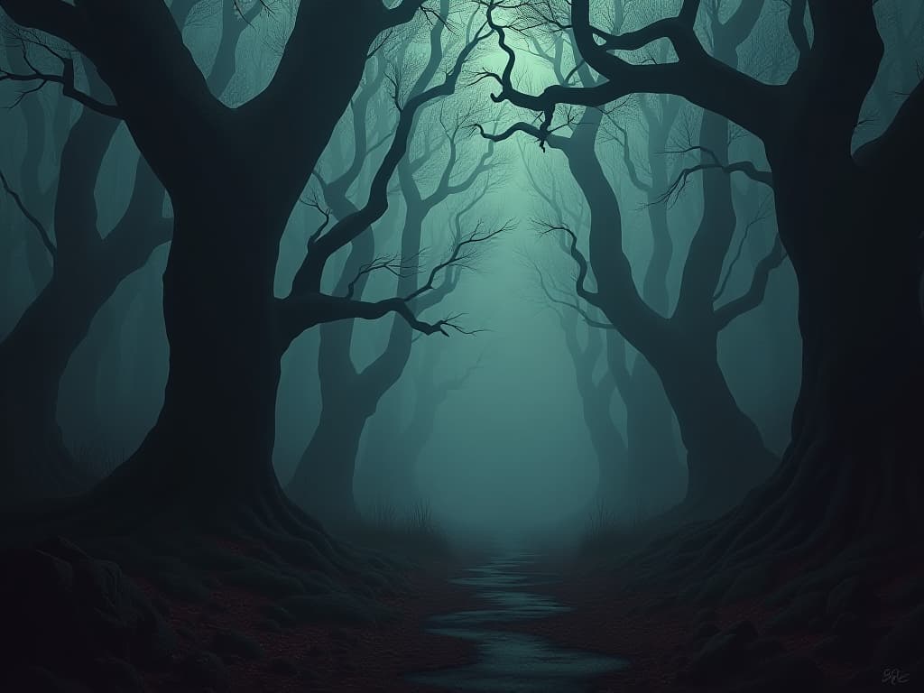  a dense, fog covered forest at twilight, ancient twisted trees, sense of foreboding, shadowy paths.. the style is dark fantasy and mysterious occult, symbolic, moody lighting, esoteric vibe,high detail on character design. for the color scheme emphasize blacks and reds.