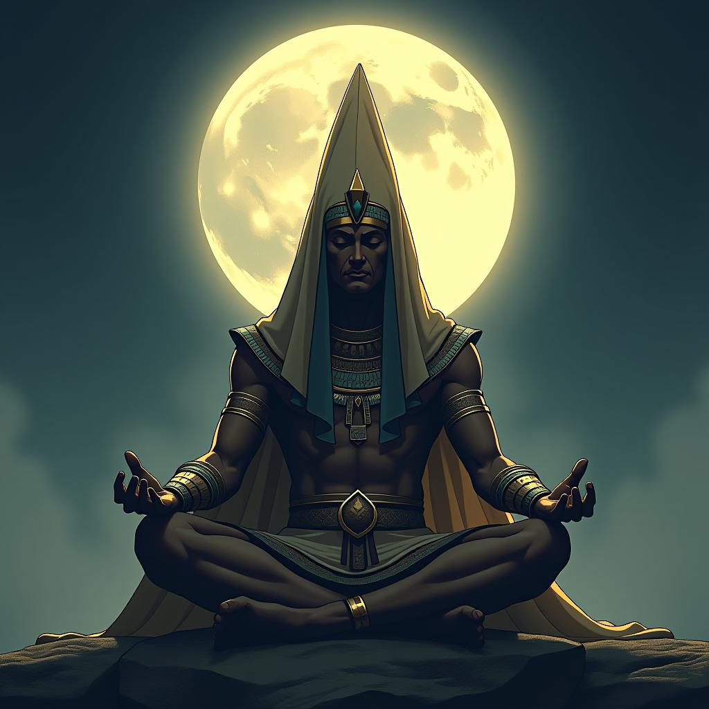  ancient egyptian sage meditating under the full moon, symbolizing adaptability as a tool. the style is digital art illustration / modern comic book / mysterious occult, symbolic, esoteric vibe,high detail on character design, incorporating ancient egyptian symbology and attire. hyperrealistic, full body, detailed clothing, highly detailed, cinematic lighting, stunningly beautiful, intricate, sharp focus, f/1. 8, 85mm, (centered image composition), (professionally color graded), ((bright soft diffused light)), volumetric fog, trending on instagram, trending on tumblr, HDR 4K, 8K