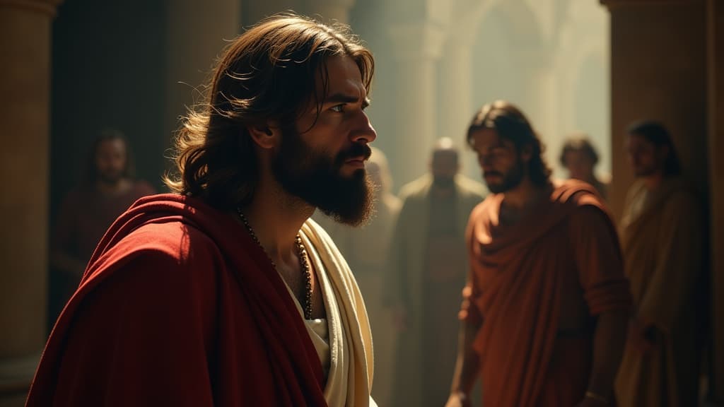  history of biblical times, a dramatic illustration of judas iscariot, looking conflicted, with shadows representing his inner turmoil and the weight of betrayal. hyperrealistic, full body, detailed clothing, highly detailed, cinematic lighting, stunningly beautiful, intricate, sharp focus, f/1. 8, 85mm, (centered image composition), (professionally color graded), ((bright soft diffused light)), volumetric fog, trending on instagram, trending on tumblr, HDR 4K, 8K