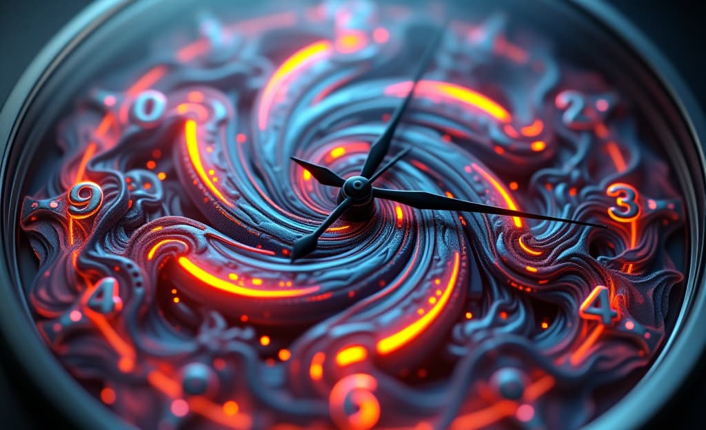  a vibrant, kinetic flux inspired clock face displaying 3:15 pm. render the clock with intricate details, showcasing dynamic, swirling patterns emanating from the hands. employ a kaleidoscope of colors and textures to capture the energy and fluidity of flux art.hyper detail, intricate details, sharp focus, high resolution, 8k, ultra detailed, vib