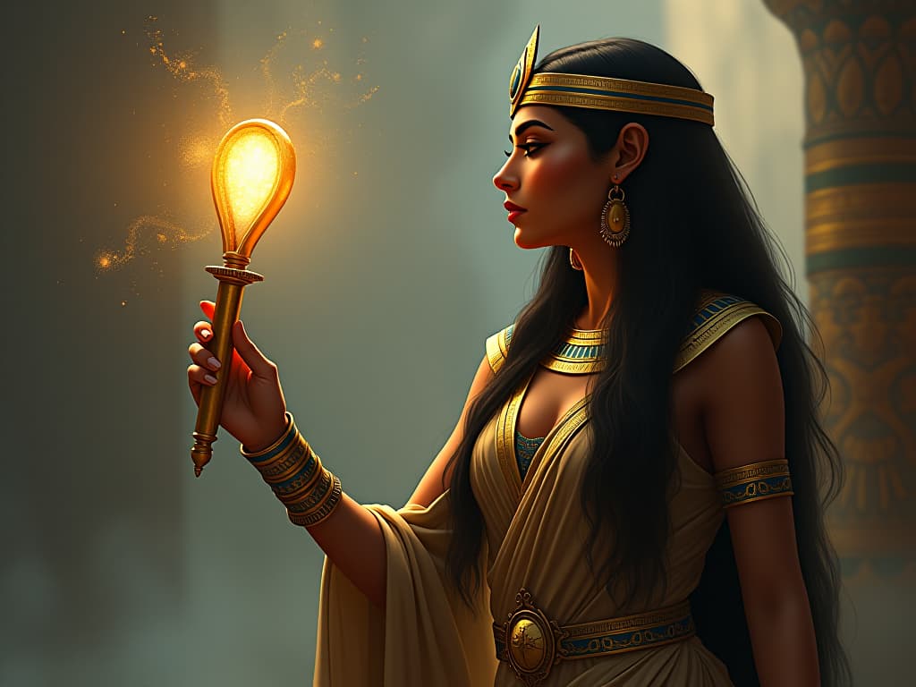  an ancient goddess offering a glowing ankh to a person, sense of audacity and reward, atmosphere of being unapologetically oneself. the style is digital art illustration / modern comic book / mysterious occult, symbolic, esoteric vibe,high detail on character design, incorporating ancient egyptian symbology and attire. hyperrealistic, full body, detailed clothing, highly detailed, cinematic lighting, stunningly beautiful, intricate, sharp focus, f/1. 8, 85mm, (centered image composition), (professionally color graded), ((bright soft diffused light)), volumetric fog, trending on instagram, trending on tumblr, HDR 4K, 8K