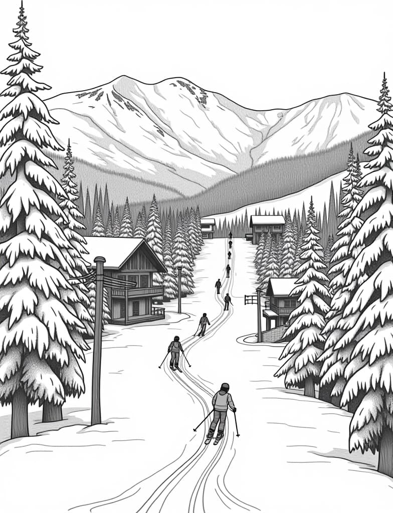  this is for an adult coloring page. a detailed black and white line art of a snowy ski resort with skiers coming down the slopes on a solid white background.