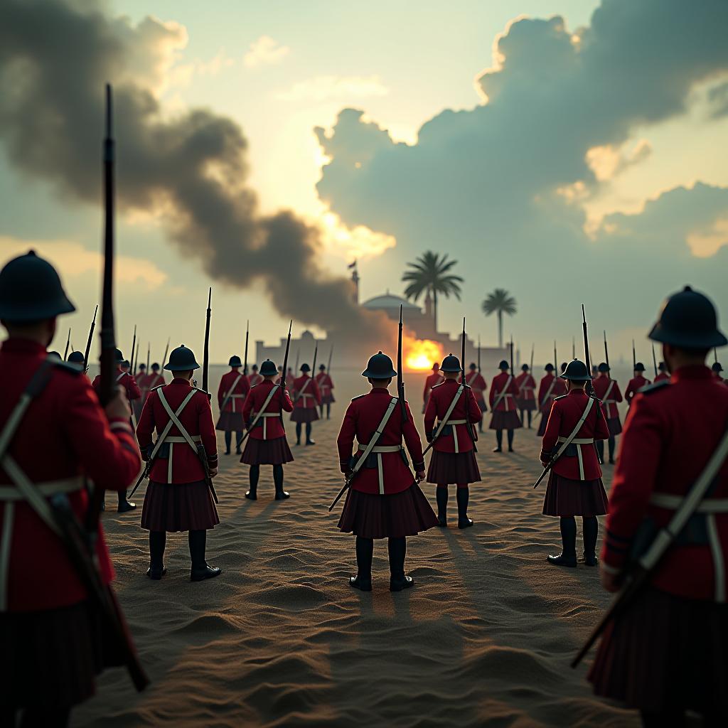  create a high quality, photorealistic image that vividly depicts the following scene: an ultra wide, desperate war scene, circa 1896, britain and zanzibar conflict in full blast, ships firing canons, dense clouds of smoke against the morning sky, british soldiers in meticulous red uniforms, zanzibar's soldiers retaliating harshly, tropical, palm fringed background, victorian era architectural cues, the war torn zanzibar sultan's palace in the background, raw tension in the air, the historic shortest war, captured mid action, 4k, hdr, cinematic, canon eos 5ds r, f/2.8, iso 100, 1/200s, unedited, chaotic yet somehow balanced composition, unedited, pure historical mayhem, in 5k. the image should: focus on the specific actions,  hyperrealistic, full body, detailed clothing, highly detailed, cinematic lighting, stunningly beautiful, intricate, sharp focus, f/1. 8, 85mm, (centered image composition), (professionally color graded), ((bright soft diffused light)), volumetric fog, trending on instagram, trending on tumblr, HDR 4K, 8K