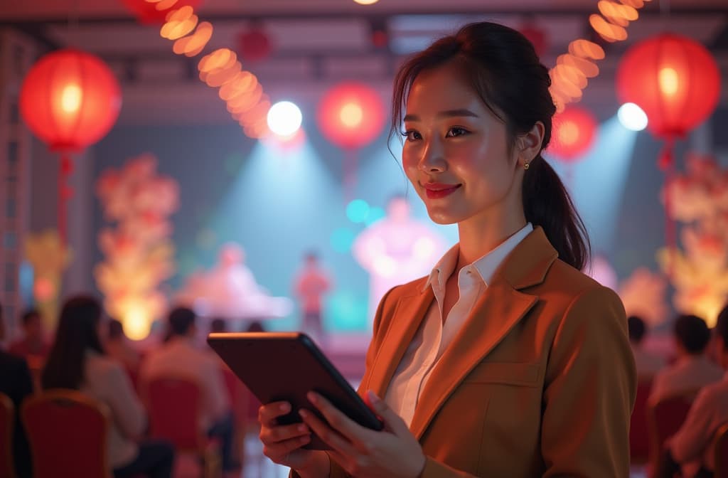  chinese female event manager holding tablet against background of festive event with balloons, flowers and stage. ar 3:2, (natural skin texture), highly detailed face, depth of field, hyperrealism, soft light, muted colors