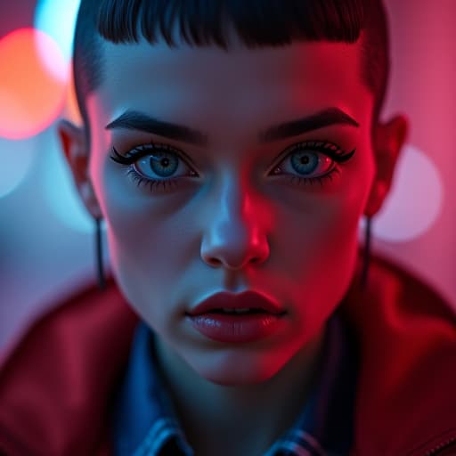  ultra realistic close up portrait ((beautiful pale cyberpunk female with heavy black eyeliner)), blue eyes, shaved side haircut, hyper detail, cinematic lighting, magic neon, dark red city, canon eos r3, nikon, f/1.4, iso 200, 1/160s, 8k, raw, unedited, symmetrical balance, in frame, 8k hyperrealistic, full body, detailed clothing, highly detailed, cinematic lighting, stunningly beautiful, intricate, sharp focus, f/1. 8, 85mm, (centered image composition), (professionally color graded), ((bright soft diffused light)), volumetric fog, trending on instagram, trending on tumblr, HDR 4K, 8K