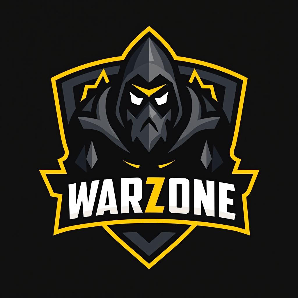  logo, esports logo, warrior theme, with text ‘warzone’, black and yellow color