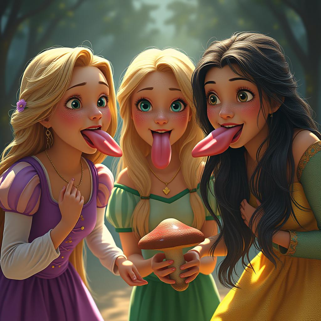  beautiful rapunzel, tiana, and snow white sticking their large flat tongues fully out, covered in sweat, holding a tan colored cylinder with a mushroom at the end, award winning, professional, highly detailed, masterpiece