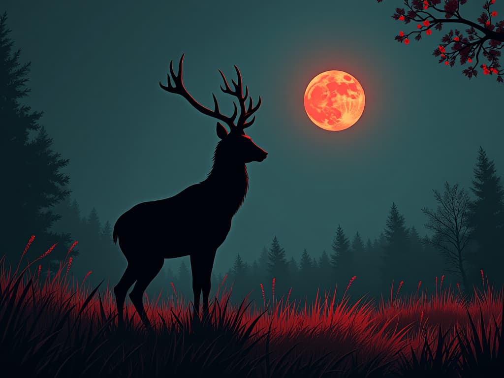  graceful deer, standing quietly in moonlit meadow, tranquility and quiet observation. the style is digital art illustration / modern comic book / graphic dark novel fantasy and mysterious occult, symbolic, moody lighting, esoteric vibe,high detail on character design. for the color scheme emphasize blacks and reds.