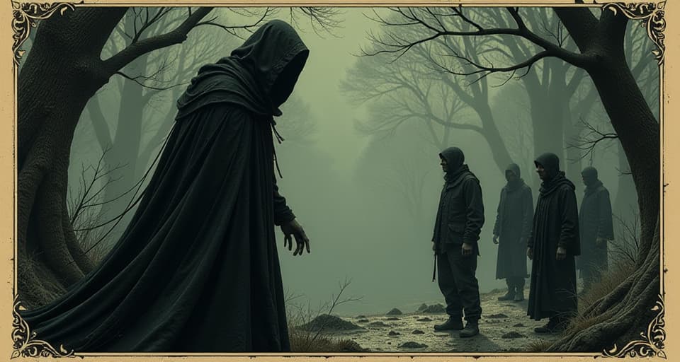  figure cloaked in shadows, approaching others from the past, subtle questioning, searching eyes, intention hidden. an illustration in the style of a worn, mystical old tarot trump card, mysterious and elements of surrealism. the colors are muted, somber and eerie, but with contrast bring out an occult and esoteric vibe.