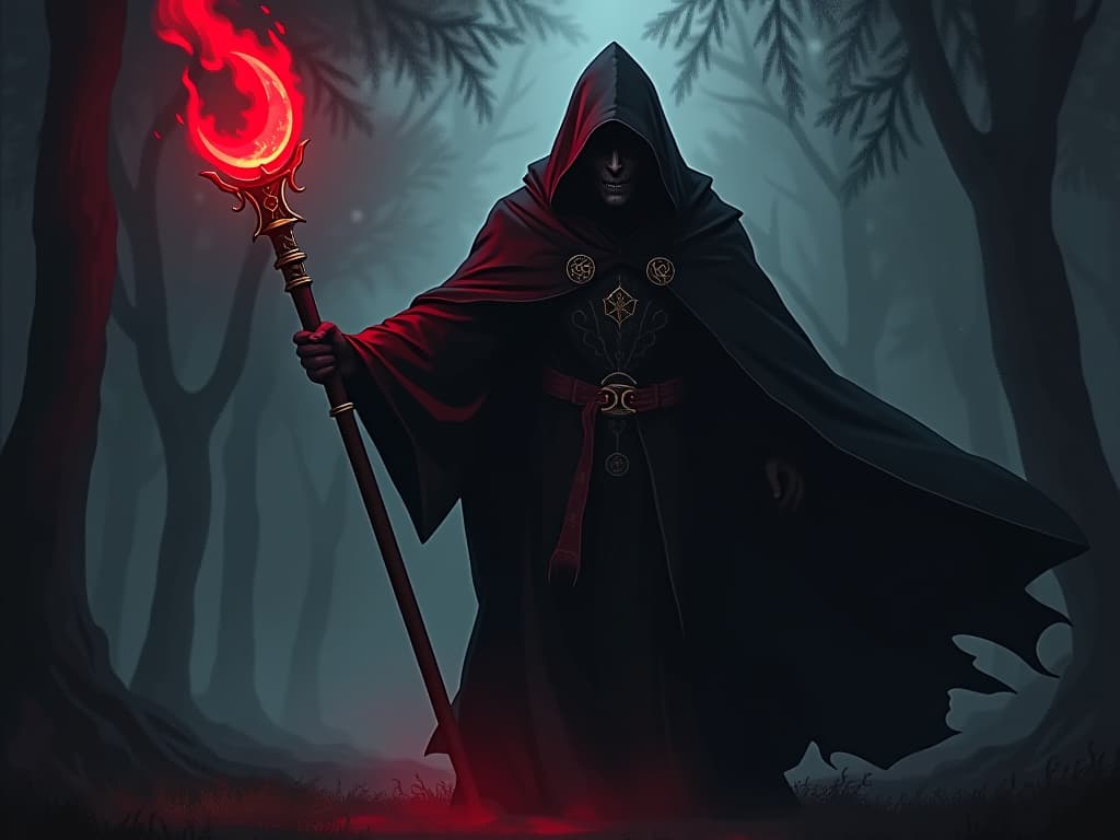  a powerful sorcerer in black robes, wielding a staff of light, casting shadows of regret, forested background, twilight atmosphere. the style is dark fantasy and mysterious occult, symbolic, moody lighting, esoteric vibe,high detail on character design. for the color scheme emphasize blacks and reds.