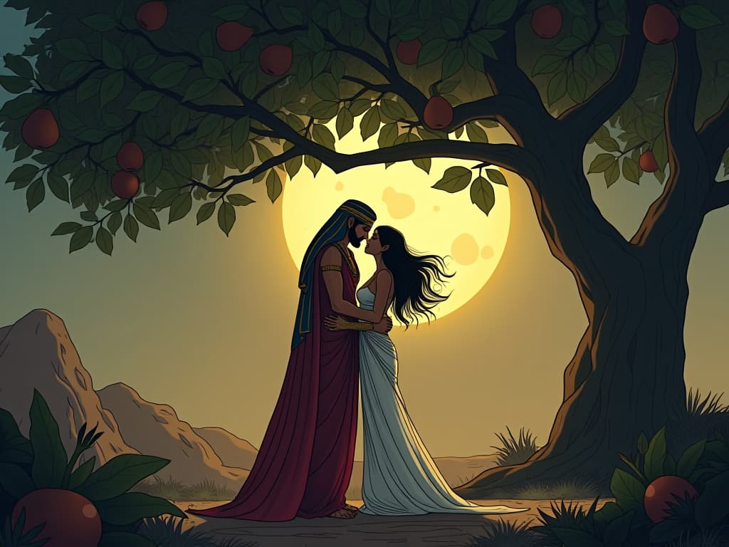  egyptian lovers, elegantly dressed, sharing a tender moment under a sacred fig tree, moon casting a dreamy glow. the style is digital art illustration / modern comic book / mysterious occult, symbolic, esoteric vibe,high detail on character design, incorporating ancient egyptian symbology and attire.