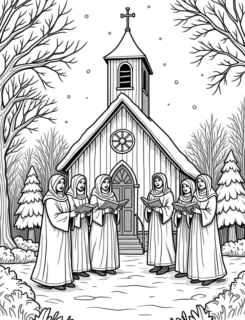  this is for an adult coloring page. a detailed black and white line art of a snowy carolers singing in front of a snow covered church on a solid white background.