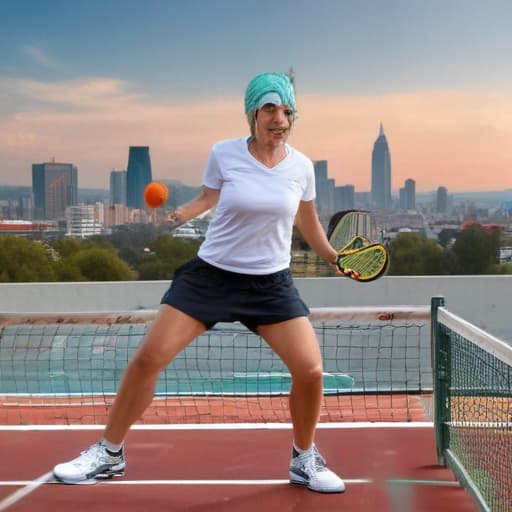 Create image of Me dominating in pickleball in Mythological style with City background