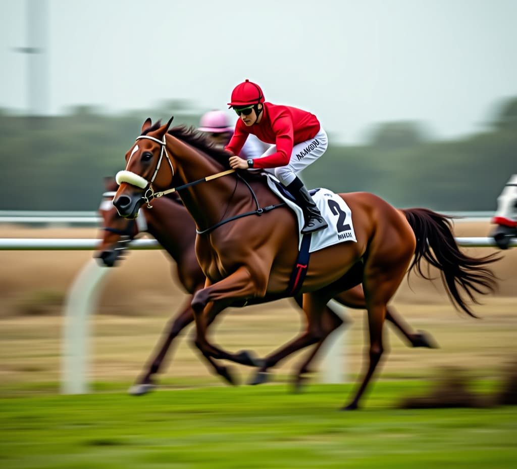  high speed horse racing action with jockey in motion, capturing the thrill and intensity of the sport.