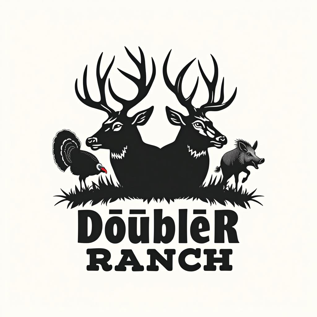  design a logo, sleek black and white logo design which incorporates a deer , a turkey and a wild hog, with 2 letter r’s facing back to back in the forefront. the text title is “double r ranch”