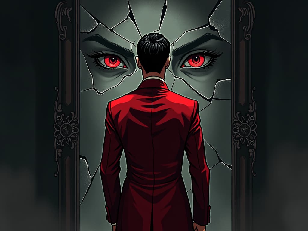  dignified individual in red victorian attire, standing tall, broken mirror reflecting envious eyes, mood of stark reminder of integrity. the style is digital art illustration / modern comic book / graphic dark novel fantasy and mysterious occult, symbolic, moody lighting, esoteric vibe,high detail on character design. for the color scheme emphasize blacks and reds.