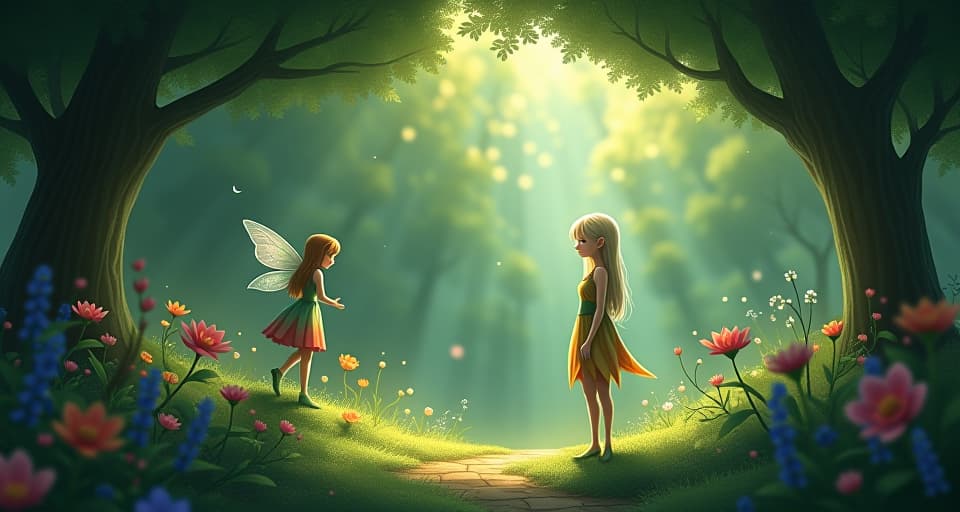  ethereal garden where an elf, radiant and hopeful, stands alone while shadows pull back a departing fairy, whispering, severing ties. the style is digital art illustration,highly detailed, whimsical,magical, dreamlike atmosphere, realism and fantasy blend, smooth, glossy textures,luminous quality, wonder and enchantment.