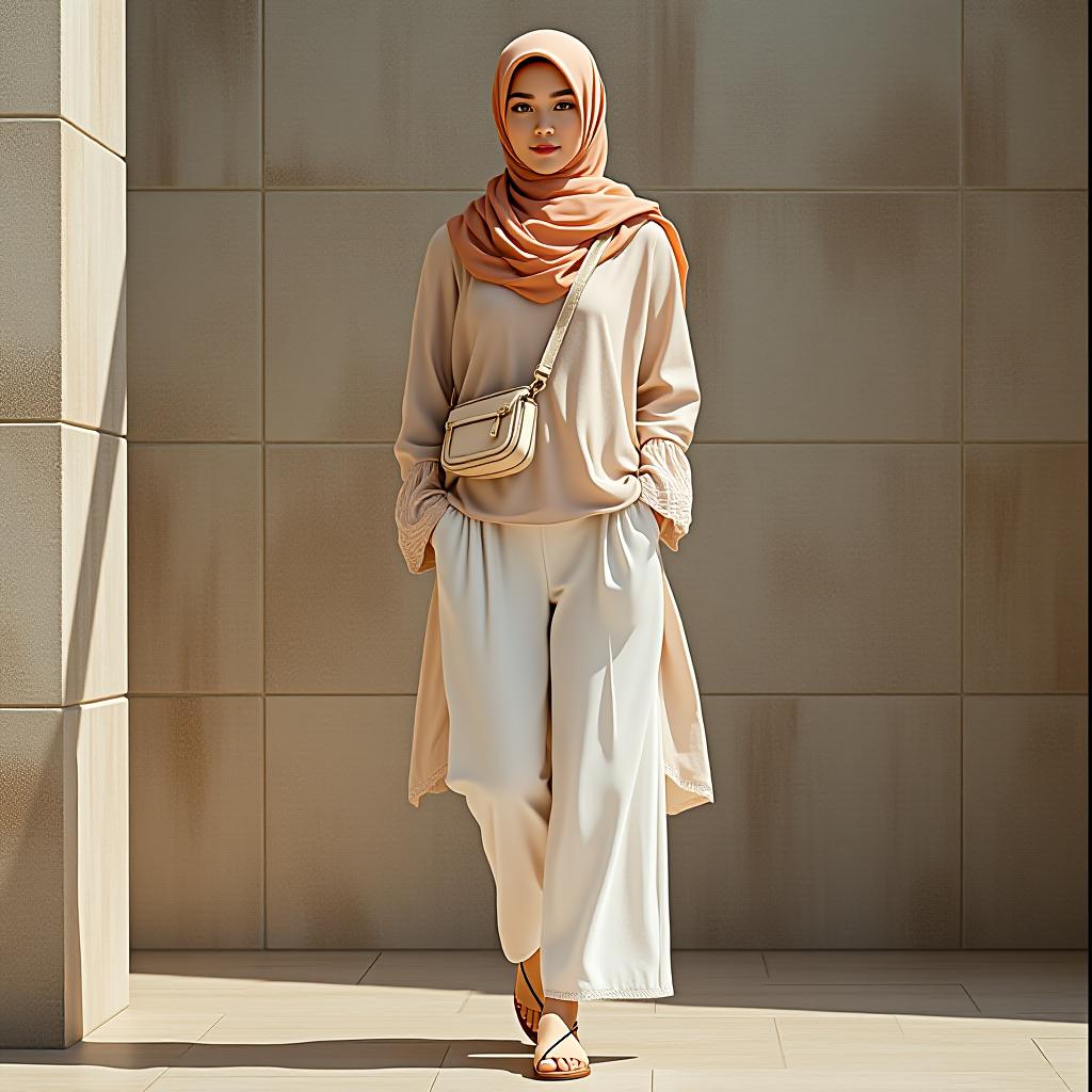  "create a casual hijab outfit featuring a lightweight chiffon hijab in pastel peach, styled in a flowy wrap around the head and shoulders. the outfit should include a long, loose fitting cotton tunic in light beige with side slits, paired with wide legged white linen pants. add flat sandals and a minimalistic crossbody bag. the look should be suitable for a warm summer day, emphasizing comfort and breathability."  hyperrealistic, full body, detailed clothing, highly detailed, cinematic lighting, stunningly beautiful, intricate, sharp focus, f/1. 8, 85mm, (centered image composition), (professionally color graded), ((bright soft diffused light)), volumetric fog, trending on instagram, trending on tumblr, HDR 4K, 8K