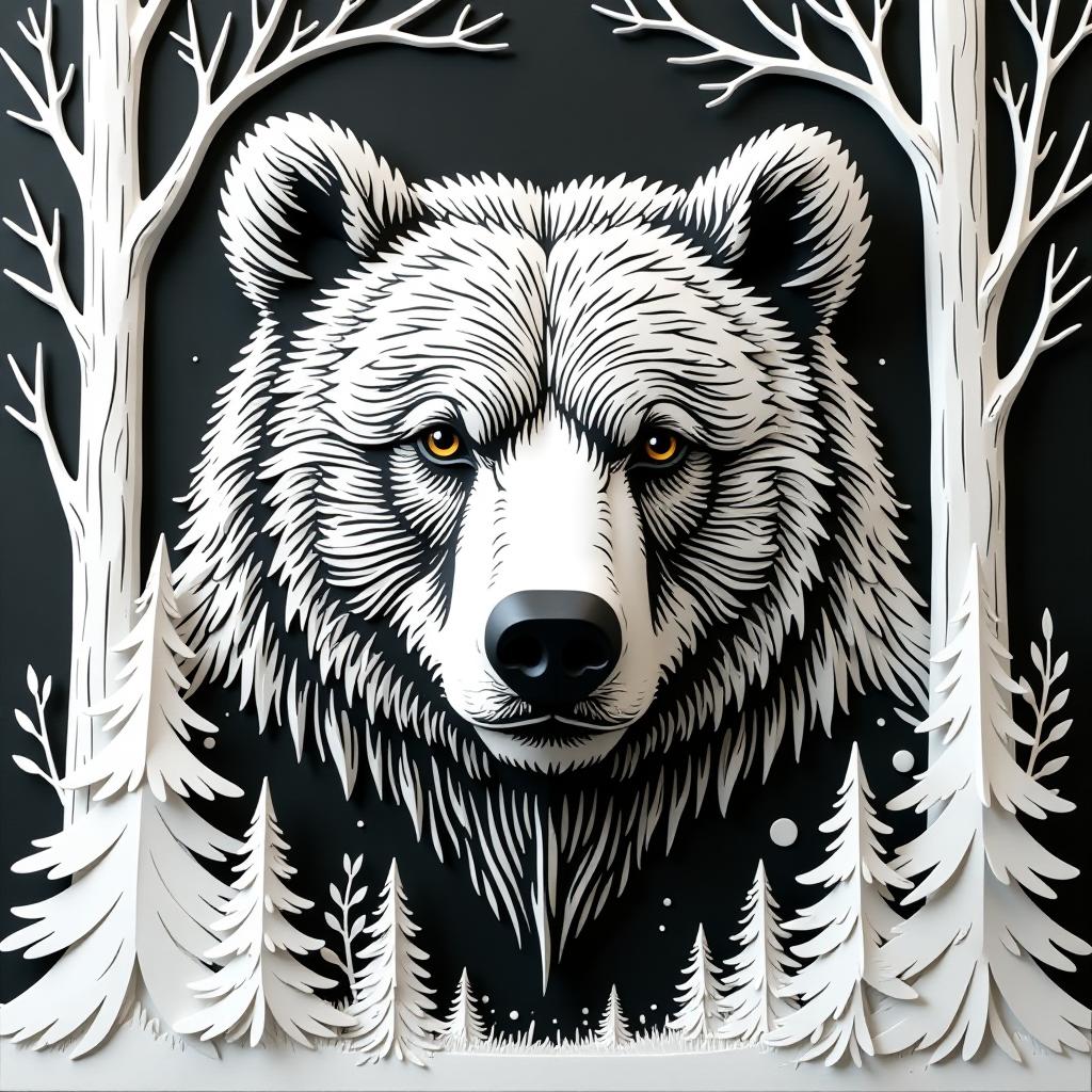  stacked papercut art of black and white sketches of a 3d model. (white sketch of a brown bear's head looking into the camera, high resolution, high detail, increased attention to detail. the whole head and weapon, in the style of a sketch, the whole head ((black background with white contours of the forest)), only contours and textures are used, the style of three dimensional wood carving, clear drawing of details, lines, panning, clear lines, background. the white tones are made in the style of a 3d model sketch . 3d, layered, dimensional, depth, precision cut, stacked layers, papercut, high contrast