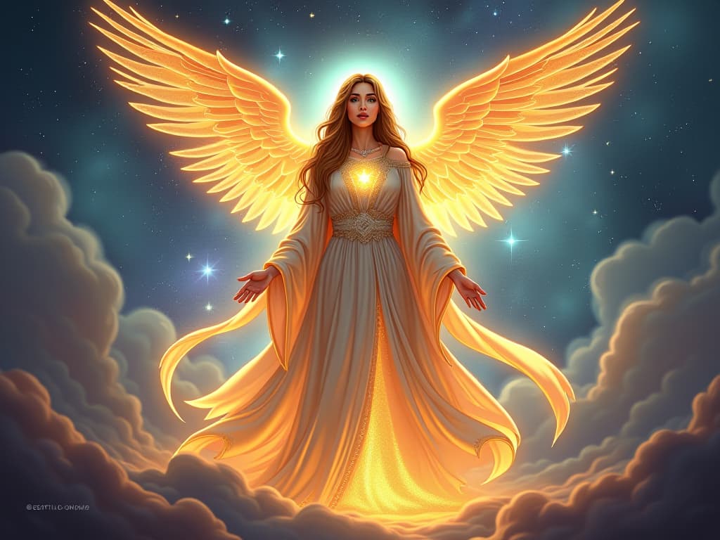  majestic ethereal being, glowing robes, standing amidst a celestial landscape, serene expression, cosmic and mystical vibe. the style is digital art illustration,highly detailed, whimsical,magical, dreamlike atmosphere, realism and fantasy blend, smooth, glossy textures,luminous quality, wonder and enchantment.