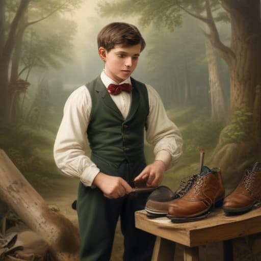 Young louis working as a shoe cleaner 1800s with Forests background