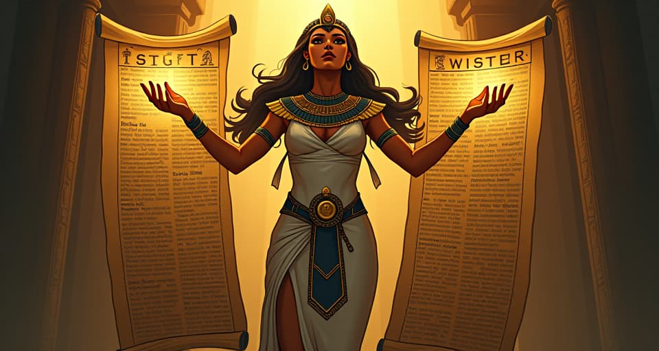  open scroll, filled with ancient wisdom, complex hieroglyphs, brilliant light surrounding it, large busted priestess in a form fitting dress reading aloud. the style is digital art illustration / modern comic book / mysterious occult, symbolic, esoteric vibe,high detail on character design, incorporating ancient egyptian symbology and attire.