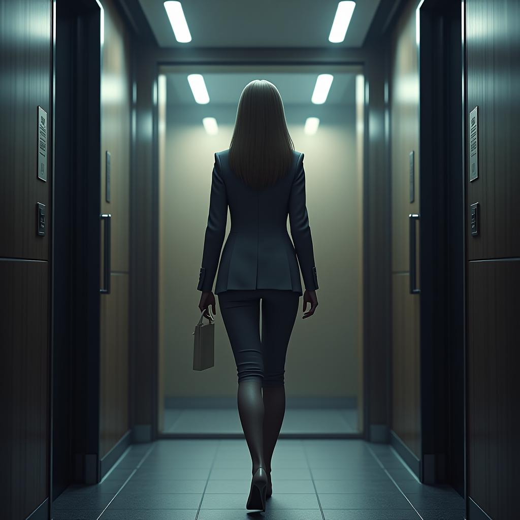  an animated scene of a female ceo walking into an office elevator. hyperrealistic, full body, detailed clothing, highly detailed, cinematic lighting, stunningly beautiful, intricate, sharp focus, f/1. 8, 85mm, (centered image composition), (professionally color graded), ((bright soft diffused light)), volumetric fog, trending on instagram, trending on tumblr, HDR 4K, 8K