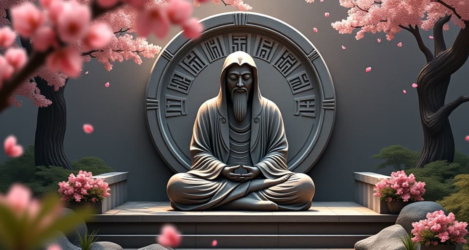  an intricately carved stone statue of a meditative monk, sitting amid a tranquil zen garden, surrounded by cherry blossoms, symbolizing focus and commitment. the style is digital art illustration / modern comic book / mysterious occult, symbolic, esoteric vibe,high detail on character design, incorporating ancient egyptian symbology and attire.