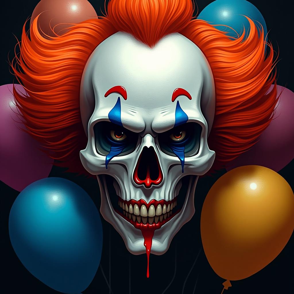  create a digital painting of a sinister clown themed skull. the skull should have bright orange clown hair, blue eye makeup around the eye sockets, a red nose, and red paint dripping from the mouth. the background should be black and include colorful balloons. the overall style should be dark, detailed, and visually striking.