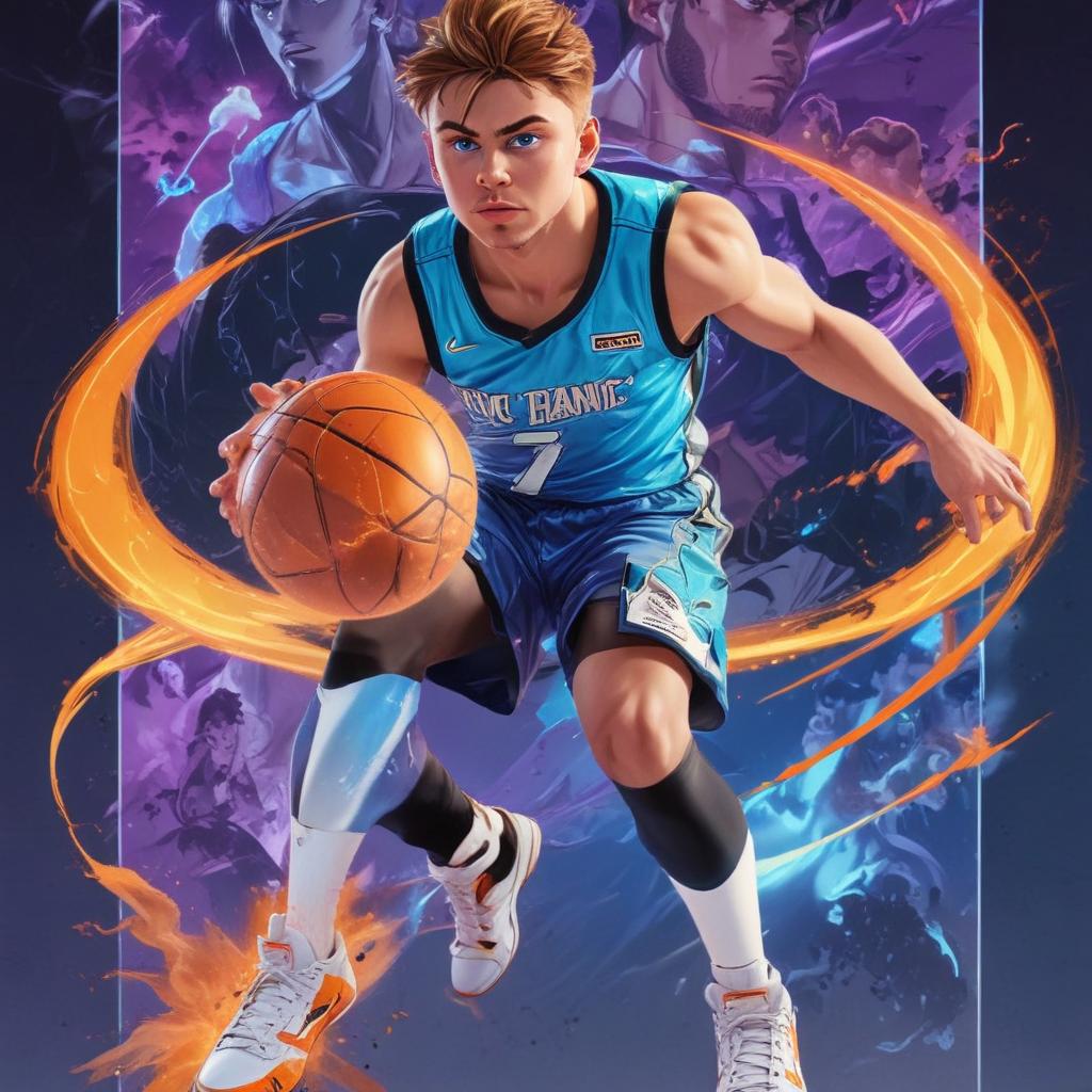 distance-shot, flashy, full-body, dynamic, holographic, animated cartoon poster of luka doncic in the style of dragon ball super