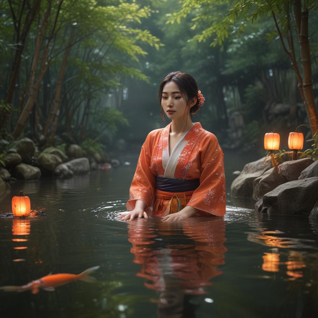 ((masterpiece)),(((best quality))), 8k, high detailed, ultra detailed, A captivating view of a Japanese woman relaxing in a natural outdoor hot spring, colorful koi fish swimming in the clear water, traditional Japanese lanterns illuminating the scene, a serene bamboo forest in the background hyperrealistic, full body, detailed clothing, highly detailed, cinematic lighting, stunningly beautiful, intricate, sharp focus, f/1. 8, 85mm, (centered image composition), (professionally color graded), ((bright soft diffused light)), volumetric fog, trending on instagram, trending on tumblr, HDR 4K, 8K